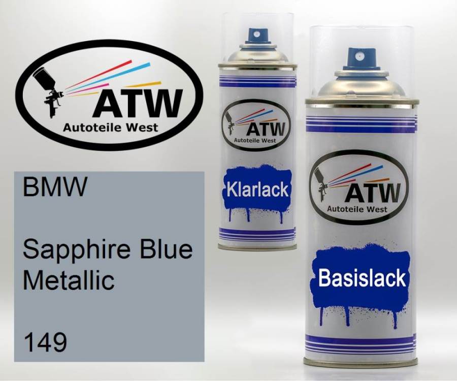 BMW, Sapphire Blue Metallic, 149: 400ml Sprühdose + 400ml Klarlack - Set, von ATW Autoteile West.